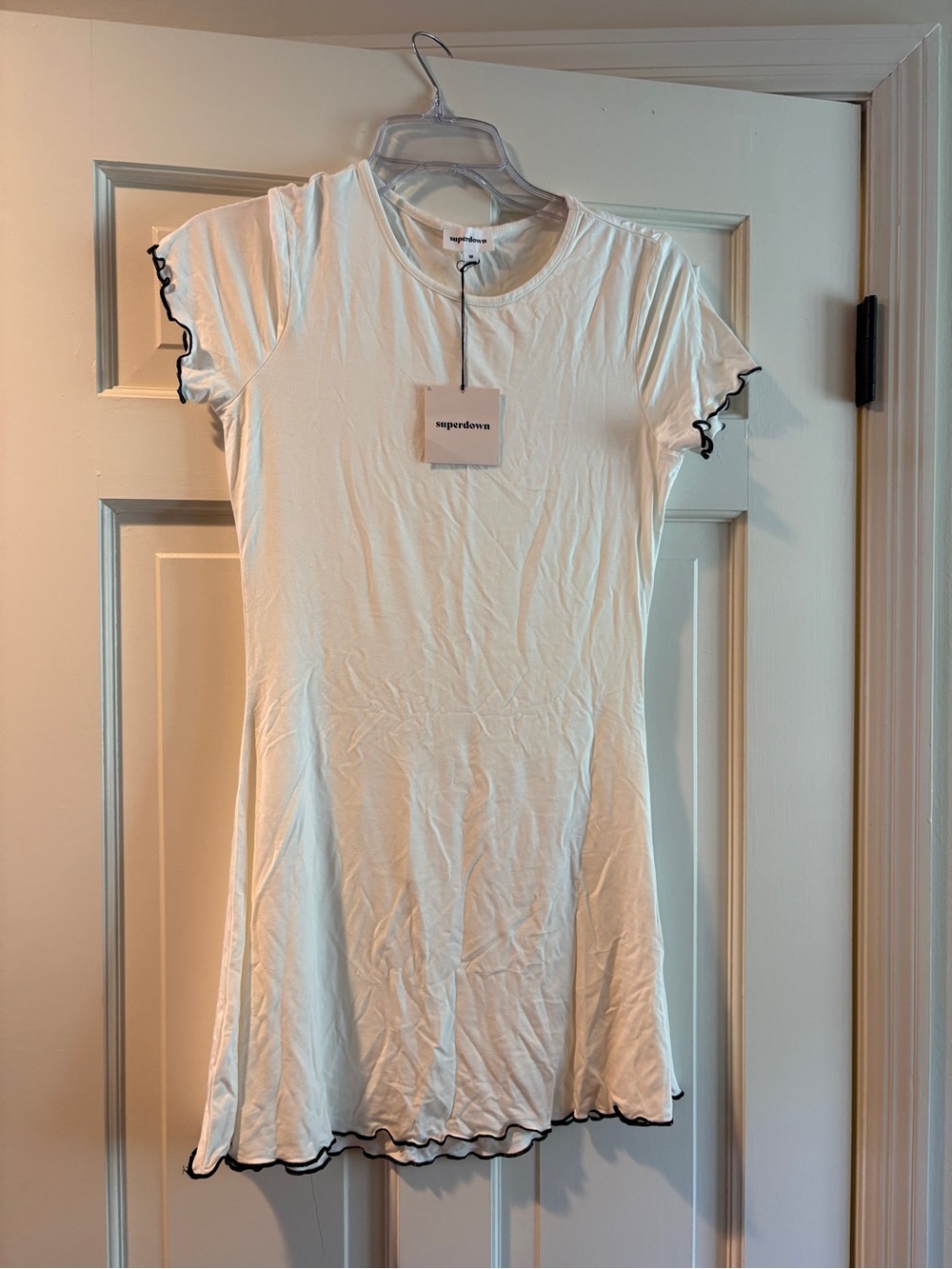 Superdown White T-Shirt Dress with Black Ruffle Hem
